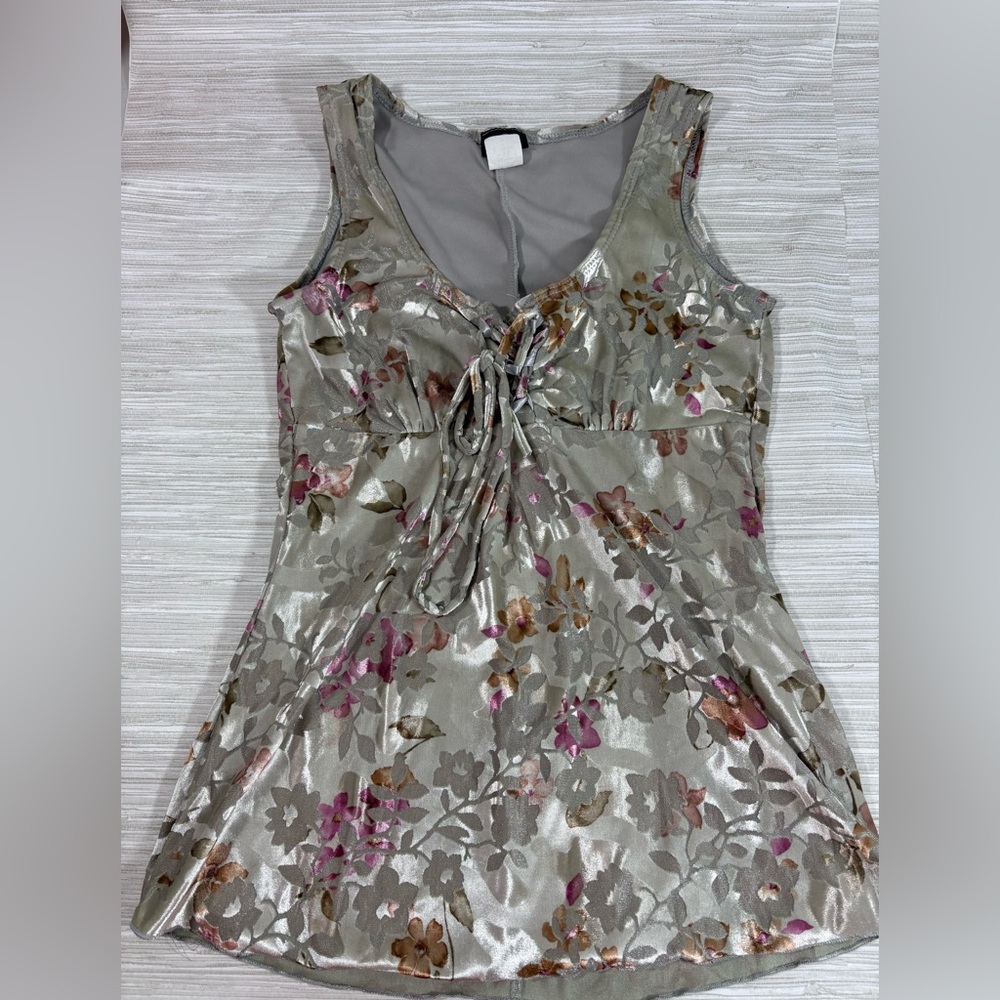VANITY SMALL ✨ Y2K adult Floral Sleeveless Blouse - Gray and Pink EUC